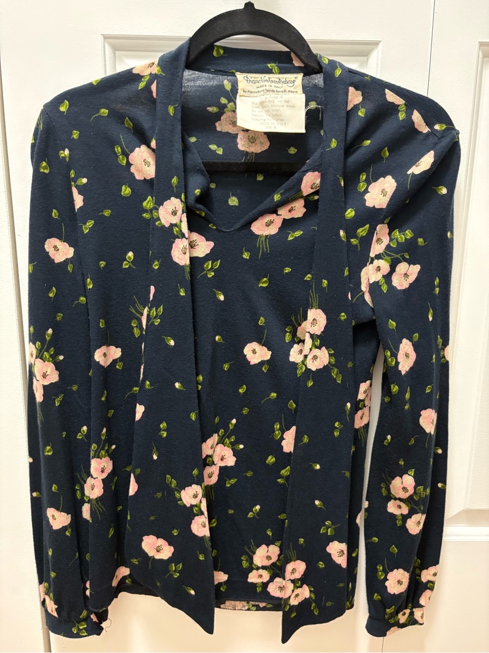 Vintage Diane Von Furstenberg Navy Long-Sleeve Tie-Neck Top with Pink Floral